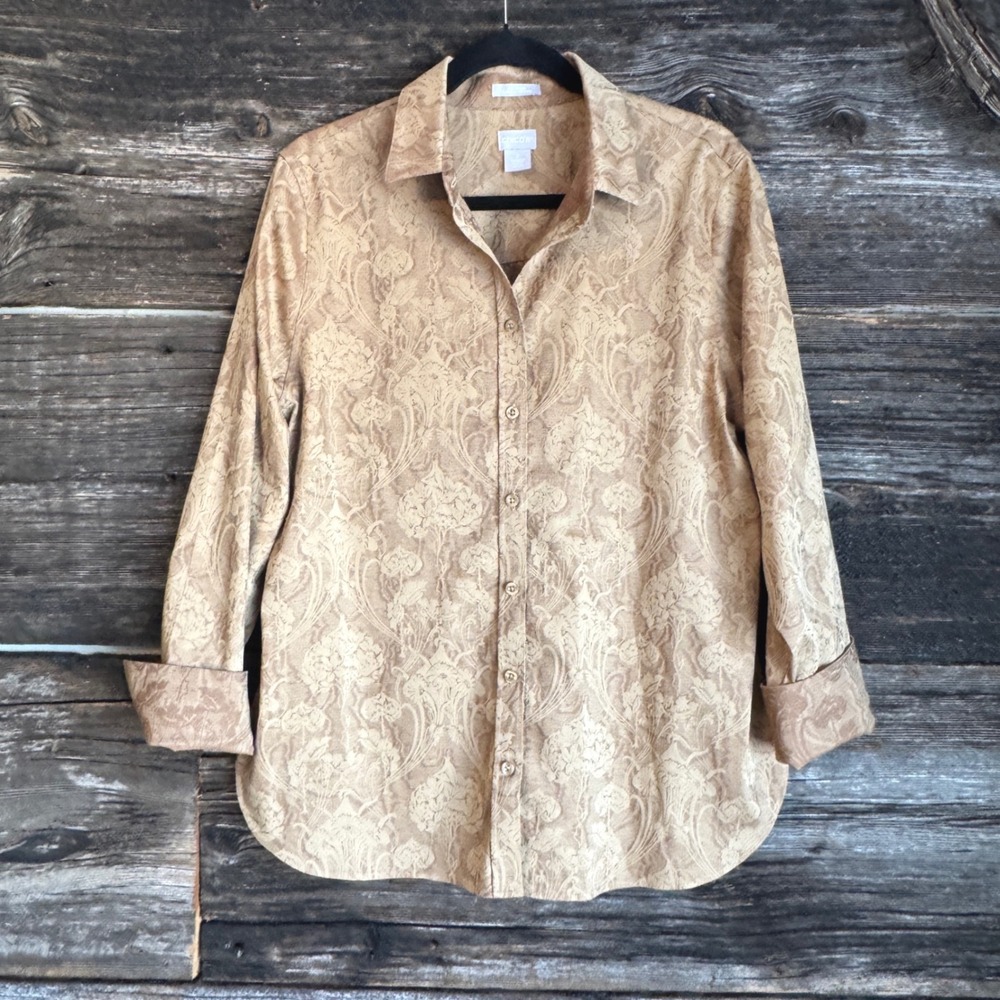 Chico's No Iron Chic Stretch Floral‎ Damask Shirt Tan - Picture 6 of 14